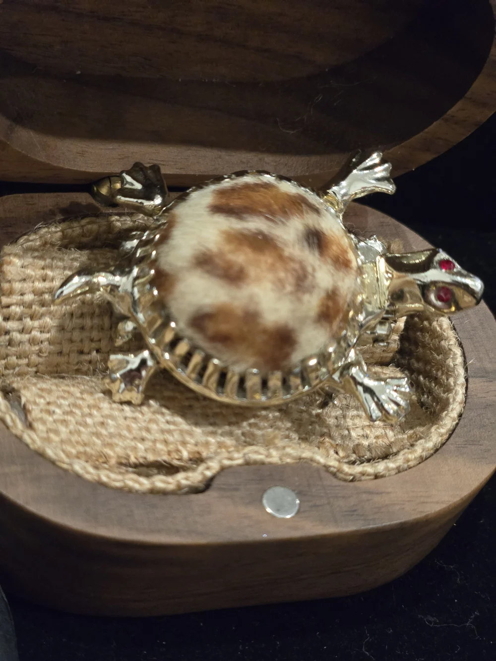 Mid-century Turtle Novelty Locket Brooch with Faux Fur